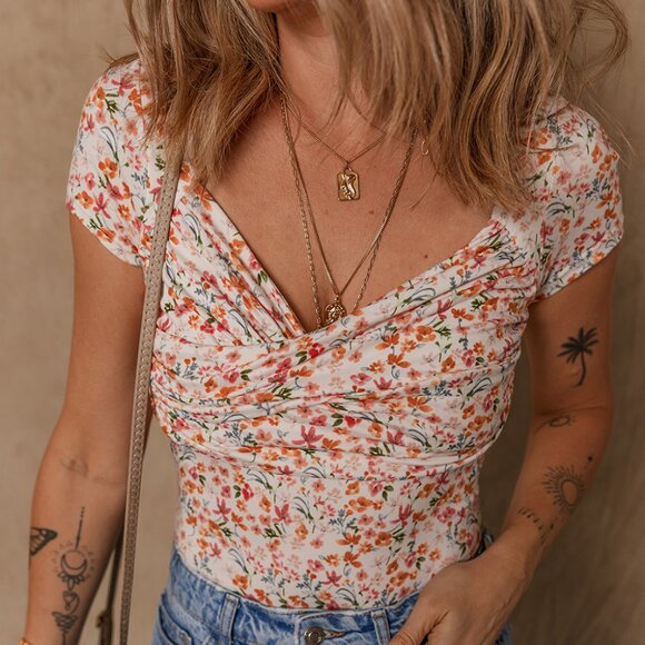 B251 Orange Short Sleeve Floral Ruched Sweetheart Bodysuit - Picture 1 of 16